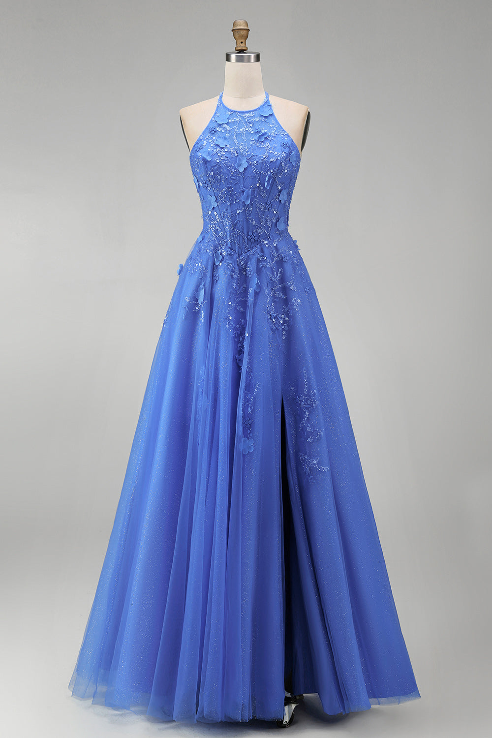 A Line Glitter Long Corset Floral Dark Blue Prom Dress with Slit