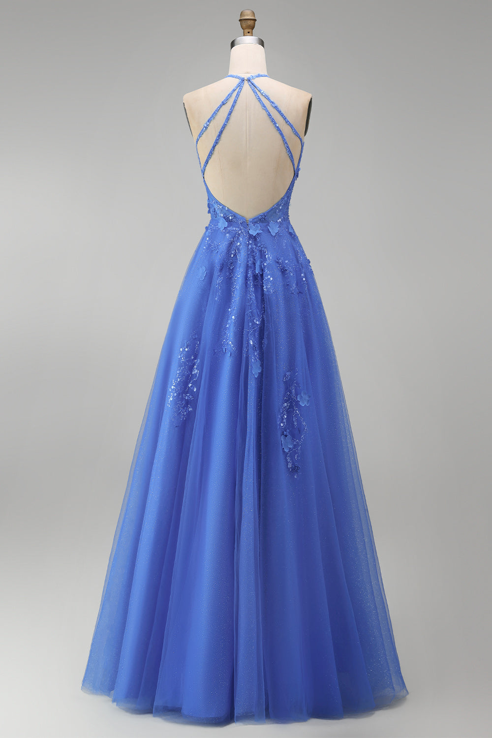 A Line Glitter Long Corset Floral Dark Blue Prom Dress with Slit