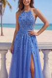 A Line Glitter Long Corset Floral Dark Blue Prom Dress with Slit