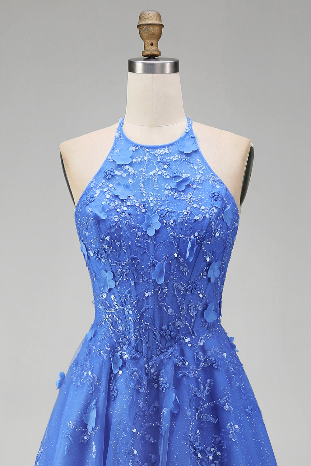A Line Glitter Long Corset Floral Dark Blue Prom Dress with Slit