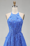 A Line Glitter Long Corset Floral Dark Blue Prom Dress with Slit