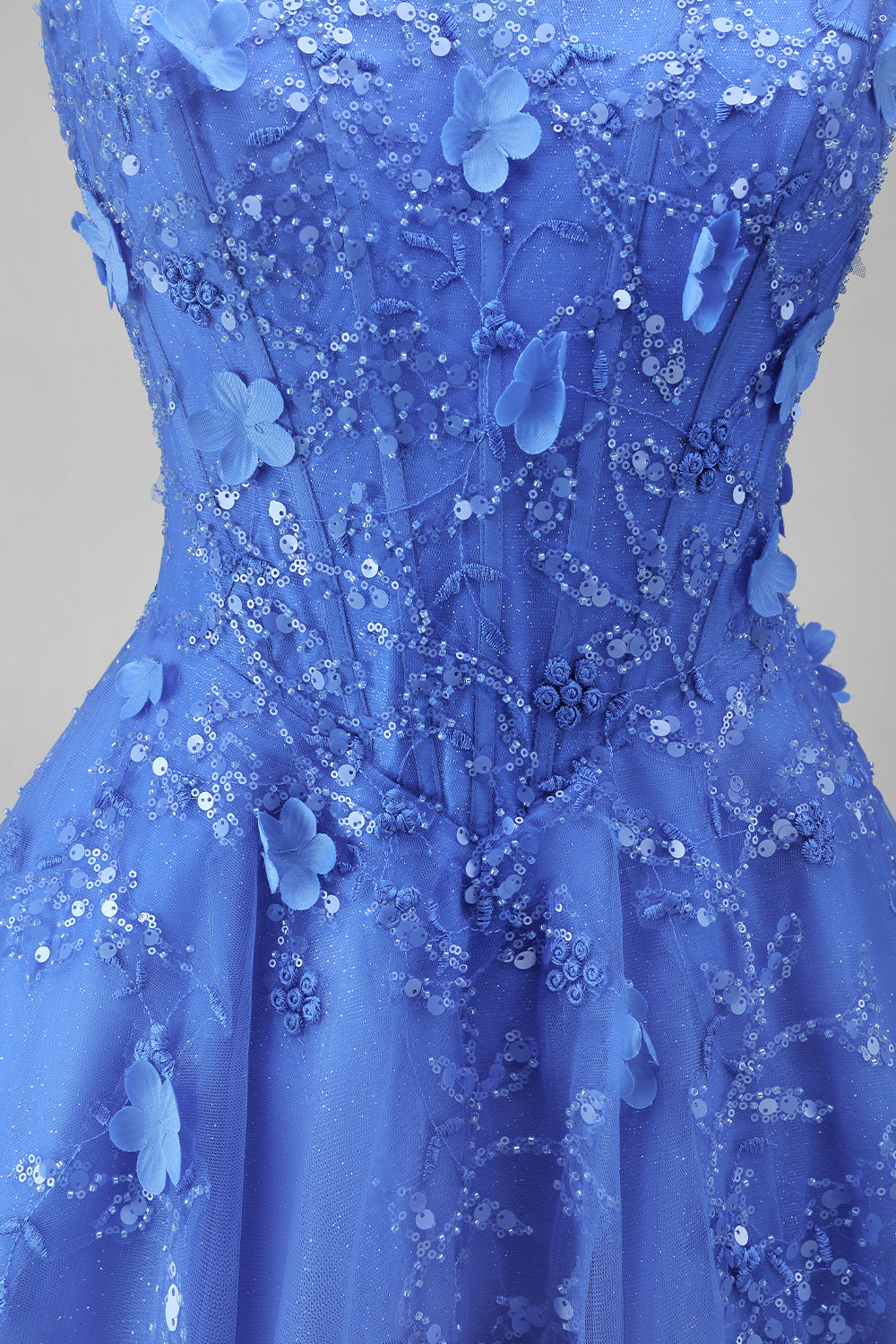 A Line Glitter Long Corset Floral Dark Blue Prom Dress with Slit