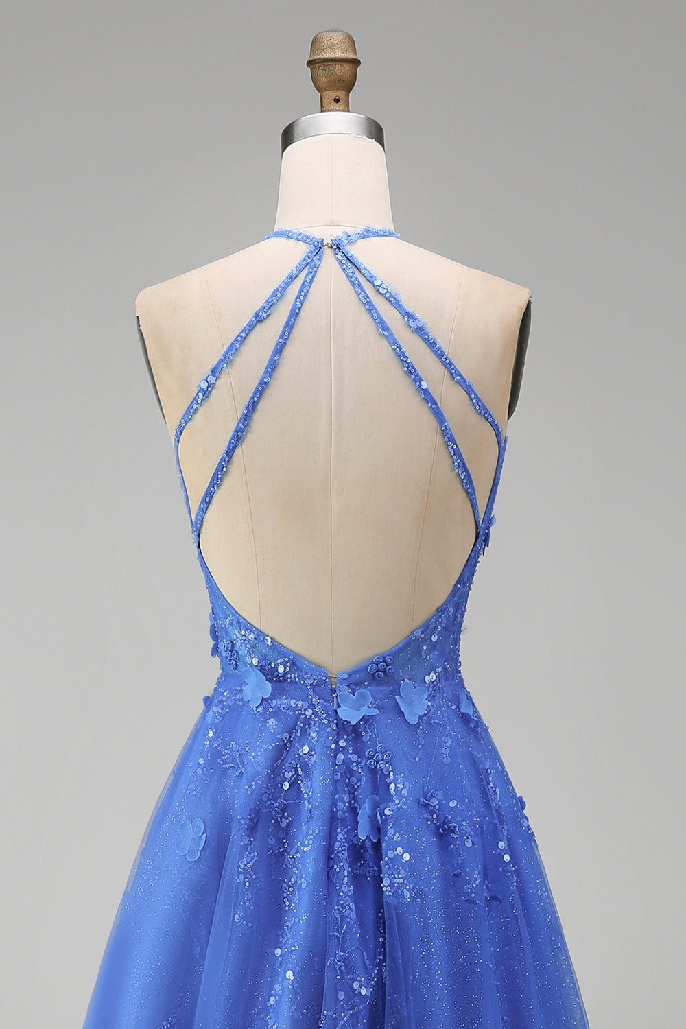 A Line Glitter Long Corset Floral Dark Blue Prom Dress with Slit