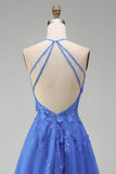 A Line Glitter Long Corset Floral Dark Blue Prom Dress with Slit