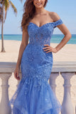 Long Dark Blue Mermaid Glitter Corset Floral Prom Dress with Ruffles