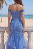 Long Dark Blue Mermaid Glitter Corset Floral Prom Dress with Ruffles