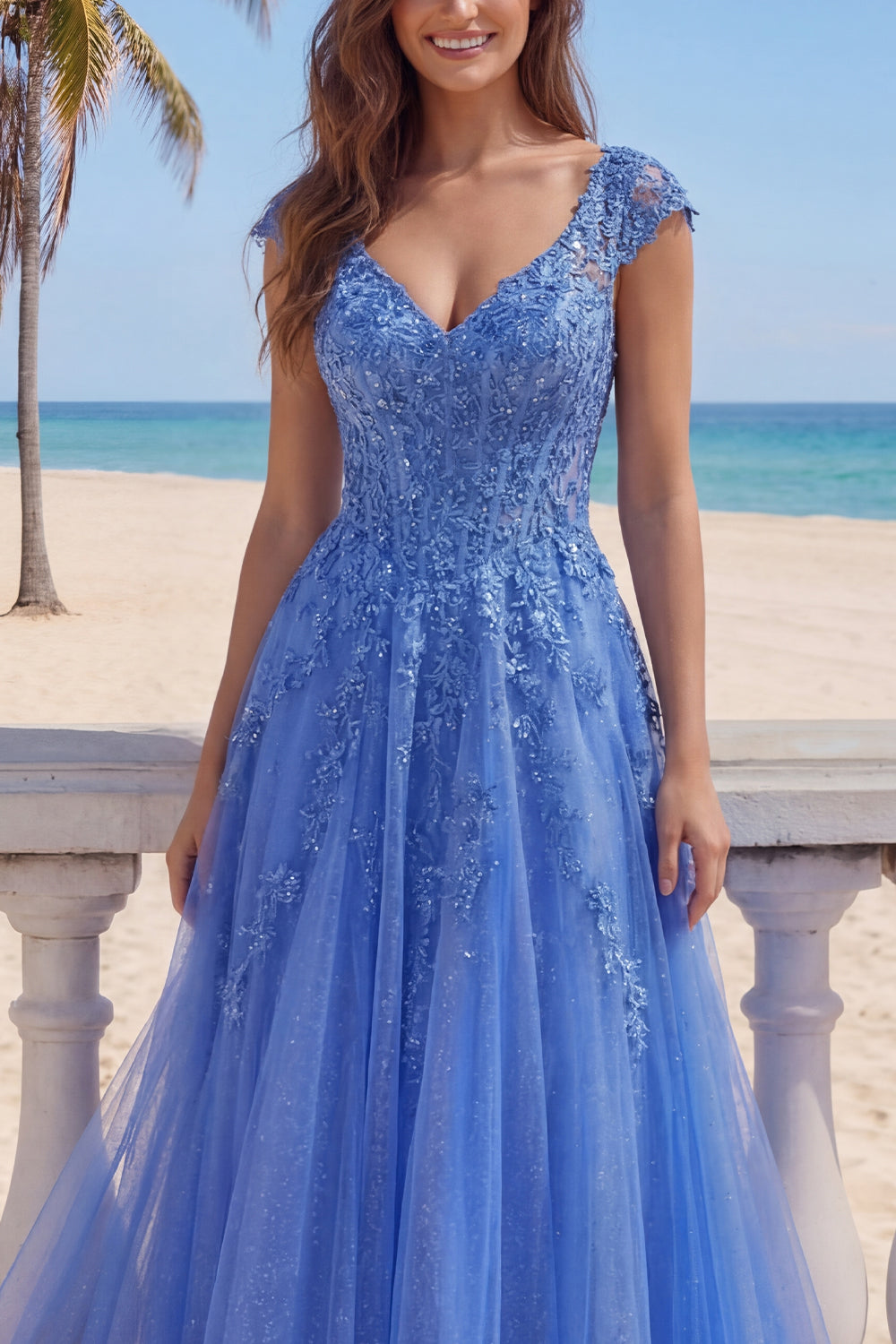 V-Neck A Line Glitter Corset Dark Blue Floral Long Prom Dress
