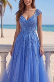 V-Neck A Line Glitter Corset Dark Blue Floral Long Prom Dress