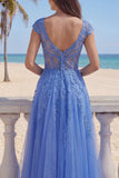 V-Neck A Line Glitter Corset Dark Blue Floral Long Prom Dress