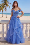 A Line Dark Blue Glitter Corset Floral Long Prom Dress with Ruffles