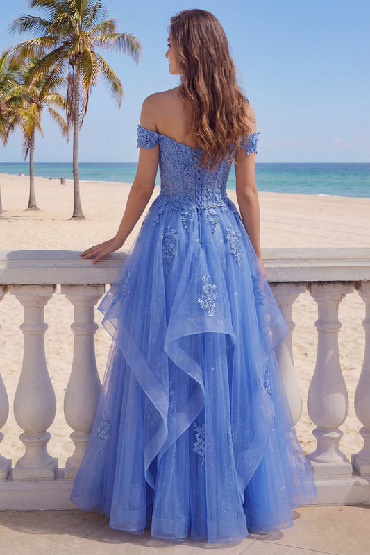 A Line Dark Blue Glitter Corset Floral Long Prom Dress with Ruffles