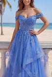 A Line Dark Blue Glitter Corset Floral Long Prom Dress with Ruffles