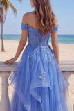 A Line Dark Blue Glitter Corset Floral Long Prom Dress with Ruffles