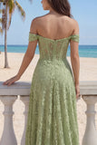 Sage Green Corset Floral Lace A Line Long Prom Dress with Slit