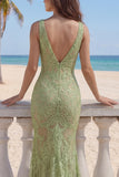 V-Neck Mermaid Sage Green Floral Lace Long Prom Dress with Slit