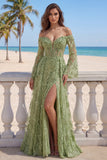 Long Sleeves Sage Green Floral Lace A Line Beaded Long Prom Dress with Slit