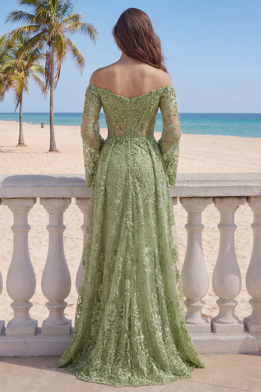 Zapakasa Women Sage Green Long Floral Lace Prom Dress with Slit Off the
