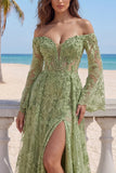 Long Sleeves Sage Green Floral Lace A Line Beaded Long Prom Dress with Slit