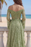 Long Sleeves Sage Green Floral Lace A Line Beaded Long Prom Dress with Slit