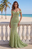 Off the Shoulder Mermaid Sage Green Floral Lace Long Prom Dress