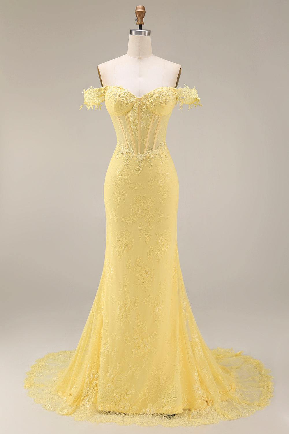 Mermaid Butter Yellow Floral Lace Long Corset Off the Shoulder Prom Dress