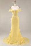 Mermaid Butter Yellow Floral Lace Long Corset Off the Shoulder Prom Dress