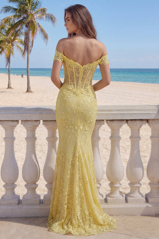 Mermaid Butter Yellow Floral Lace Long Corset Off the Shoulder Prom Dress