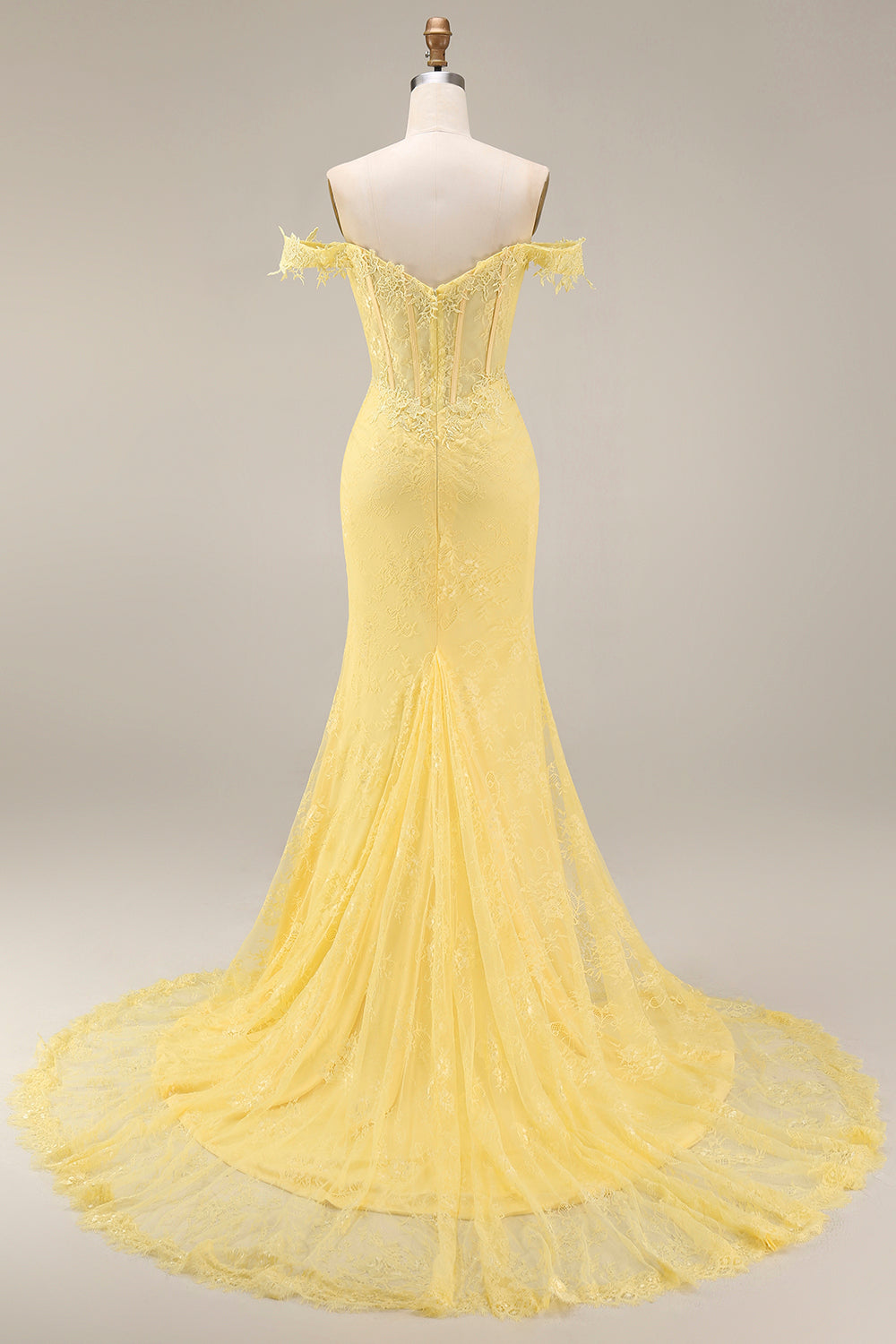 Mermaid Butter Yellow Floral Lace Long Corset Off the Shoulder Prom Dress
