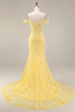 Mermaid Butter Yellow Floral Lace Long Corset Off the Shoulder Prom Dress