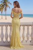 Mermaid Butter Yellow Floral Lace Long Corset Off the Shoulder Prom Dress