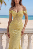 Mermaid Butter Yellow Floral Lace Long Corset Off the Shoulder Prom Dress