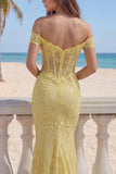 Mermaid Butter Yellow Floral Lace Long Corset Off the Shoulder Prom Dress