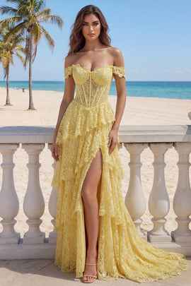 Ruffled Mermaid Butter Yellow Floral Lace Long Corset Prom Dress with Slit