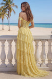 Ruffled Mermaid Butter Yellow Floral Lace Long Corset Prom Dress with Slit