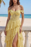 Ruffled Mermaid Butter Yellow Floral Lace Long Corset Prom Dress with Slit