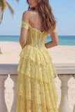 Ruffled Mermaid Butter Yellow Floral Lace Long Corset Prom Dress with Slit