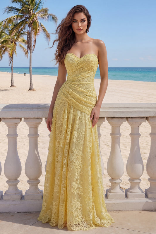 Sweetheart Butter Yellow Floral Lace Long Sheath Ruched Prom Dress