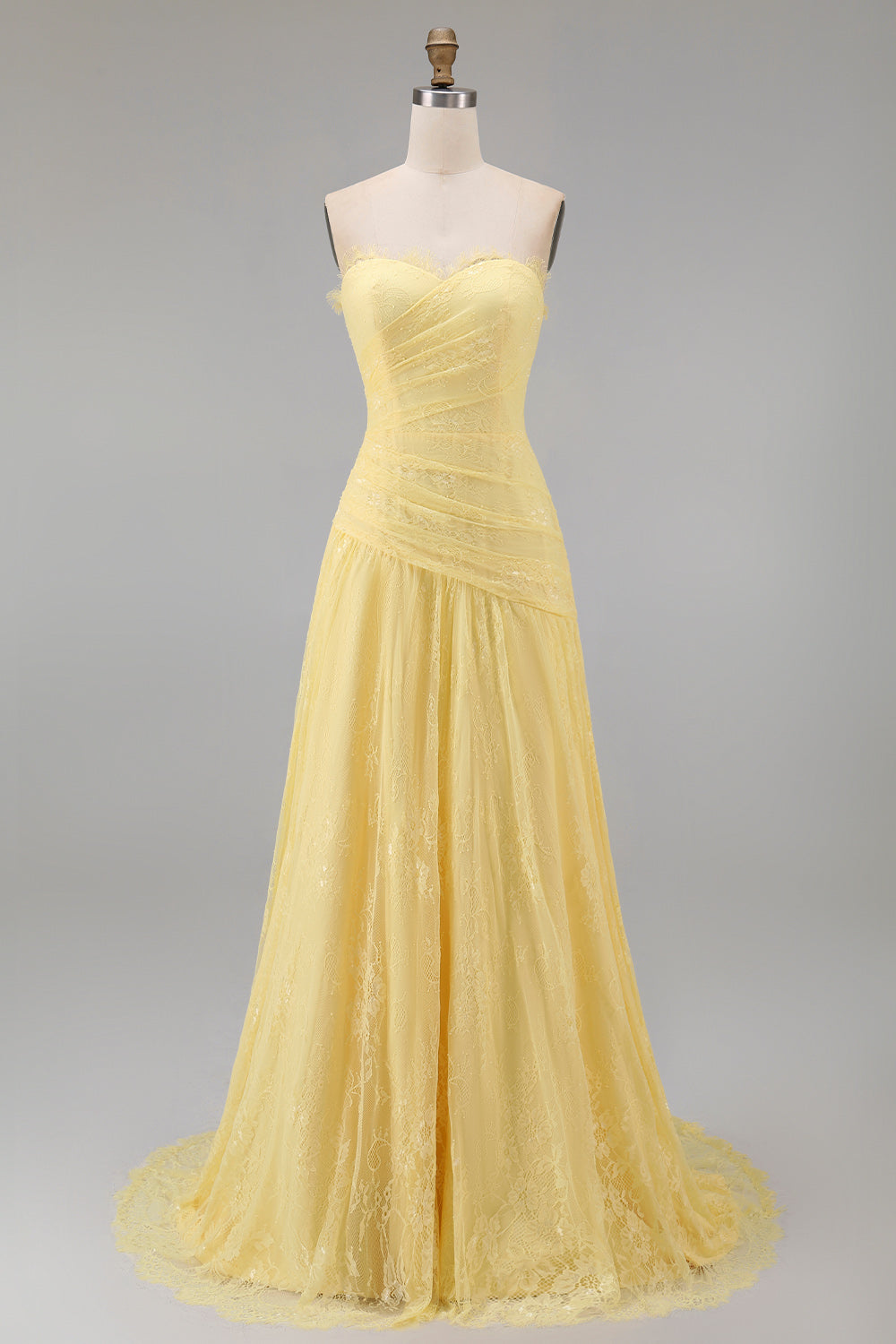 Sweetheart Butter Yellow Floral Lace Long Sheath Ruched Prom Dress