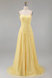 Sweetheart Butter Yellow Floral Lace Long Sheath Ruched Prom Dress