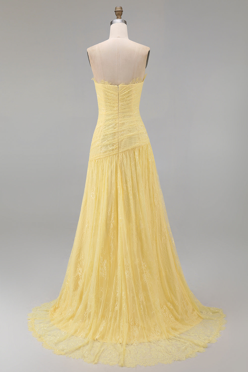Sweetheart Butter Yellow Floral Lace Long Sheath Ruched Prom Dress