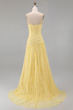 Sweetheart Butter Yellow Floral Lace Long Sheath Ruched Prom Dress