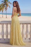 Sweetheart Butter Yellow Floral Lace Long Sheath Ruched Prom Dress