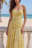 Sweetheart Butter Yellow Floral Lace Long Sheath Ruched Prom Dress