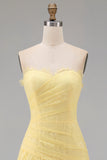 Sweetheart Butter Yellow Floral Lace Long Sheath Ruched Prom Dress