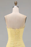 Sweetheart Butter Yellow Floral Lace Long Sheath Ruched Prom Dress