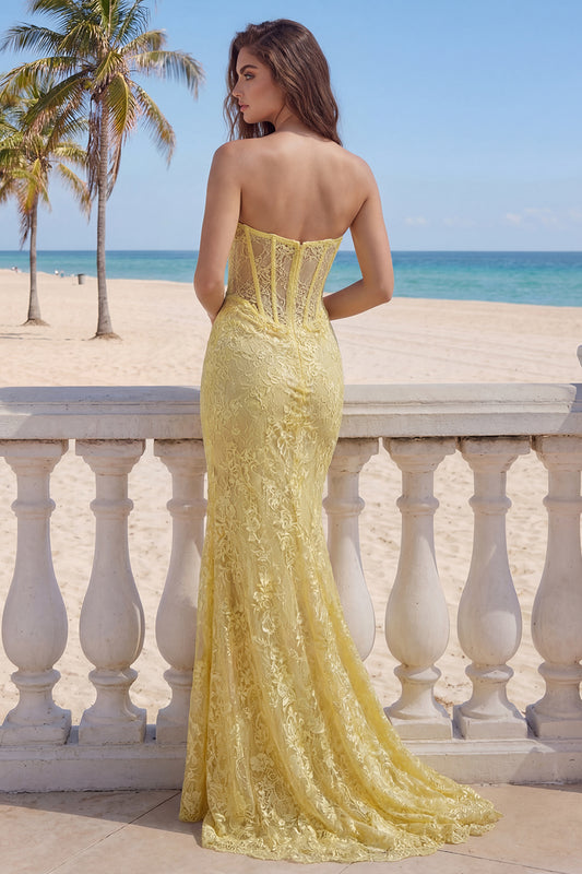 Strapless Mermaid Butter Yellow Floral Lace Long Corset Prom Dress with Slit