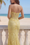 Strapless Mermaid Butter Yellow Floral Lace Long Corset Prom Dress with Slit