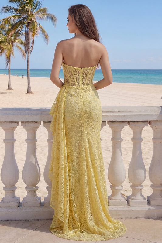 Ruffled Mermaid Butter Yellow Floral Lace Long Corset Prom Dress with Side Cape