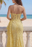 Ruffled Mermaid Butter Yellow Floral Lace Long Corset Prom Dress with Side Cape