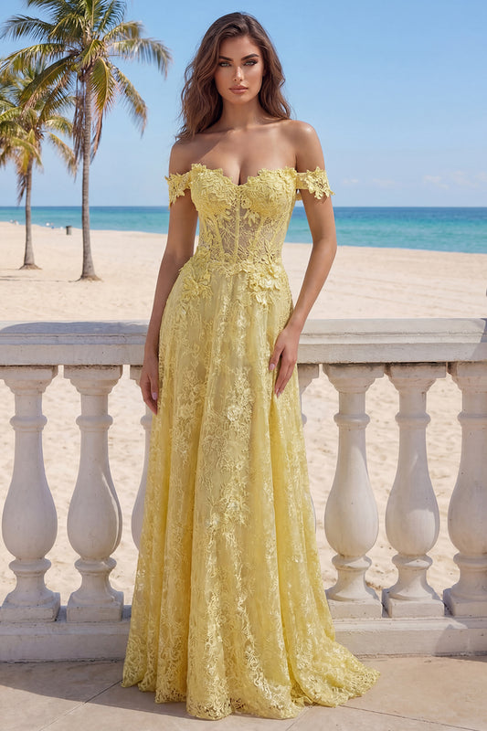 Off the Shoulder Butter Yellow Floral Lace Long A Line Corset Prom Dress